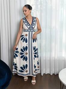 Melissa Matos Vestido sem mangas com estampa floral e decote em V para mulheres, férias