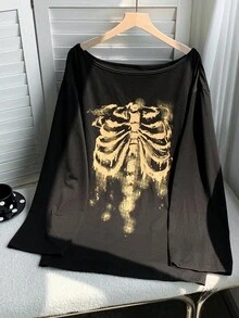 Comfortcana Áo thun nữ tay dài cổ tròn đơn giản, dáng rộng, thường ngày - màu đen - Xem 4