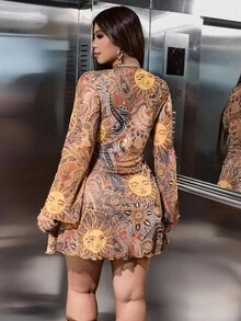 SHEIN EZwear 大码连衣裙万圣节哥特式系带长袖连衣裙 - 彩色 - 查看 3