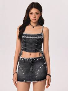 SHEIN ICON 美式性感抹胸上衣搭配牛仔裙套装，狂野装扮 - 黑色 - 查看 6