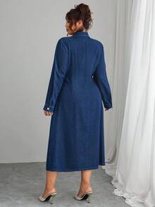 Elenzga Plus Size Women Long Sleeve Single-Breasted Casual Denim Dress