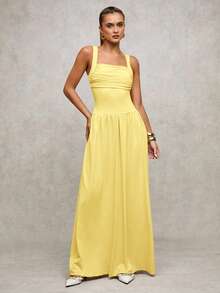 SHEIN BAE 女士优雅纯色棕色连衣裙，宽领喇叭裙，适合春夏季 - 黃色 - 查看 5