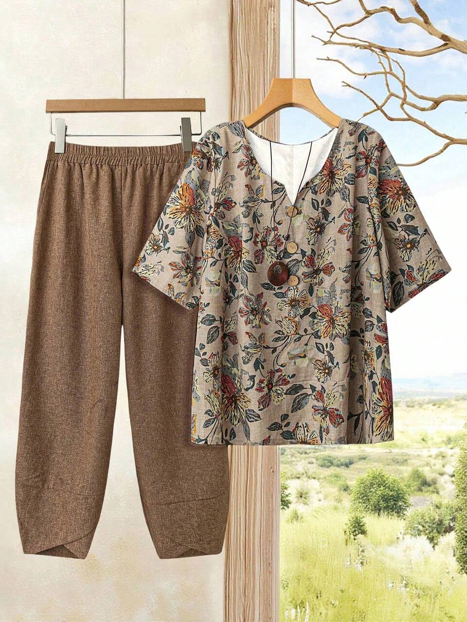 2pcs Plus Size Women Vacation Early Spring Khaki Color Printed Shirt & Pants Set,Flower/Summer