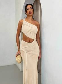 SHEIN BAE 女式夏季绿色度假不对称肩部修身性感镂空透视网眼连衣裙 - 杏色 - 查看 5