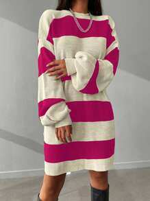 Cloudara Two Tone Drop Shoulder Sweater Dress - Pink - View 4