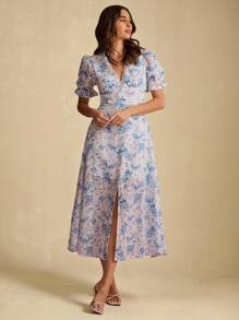 Enchnt Vestido midi elegante, romântico, azul, com decote em V, estampa floral, cintura marcada, manga curta, doce e elegante para férias, encontros, festas, formaturas, convidados de casamento e praia, vestido de baile, vestidos elegantes para festas - Azul - Ver 4