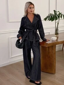 Livesso Women's Lapel Jacket And Loose Fit Jeans Set - Blue - View 6