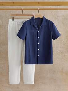 EASEVO 加大码男士纯色立领单排扣短袖衬衫及抽绳腰带口袋休闲裤套装 - 彩色 - 查看 3