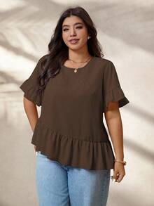 EMERY ROSE 大码女式休闲荷叶边袖不对称下摆宽松衬衫，夏季服装 - 棕色 - 查看 4