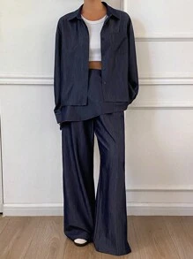 Livesso 女士休闲都市风宽松衬衫牛仔裤两件套，秋冬家居服套装 - 藏蓝色 - 查看 3