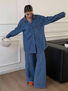 Livesso 秋冬新款宽松休闲纯色复古设计女式牛仔两件套 - 藍色 - 查看 5