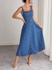 Elenzga 女式无袖单排扣长款牛仔连衣裙 - 中等水洗藍 - 查看 5