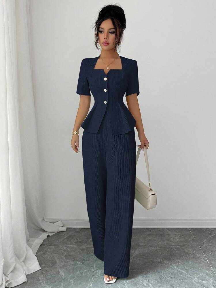 Elenzga New Stylish French Fashion Outfit For Women, Spring/Summer, Fitted Design Sense A-Line Square Collar Blouse + Wide Leg Straight Pants 2 Pieces Set - Navy Blue - View 5
