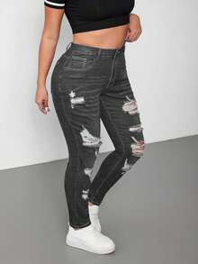 SHEIN Cottnline Plus Size Medium Wash Blue High Stretch Skinny Distressed Sexy Jeans - Grey - View 4
