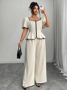 Elenzga 大码春夏季优雅撞色短袖衬衫和阔腿裤两件套两件套裤子套装女裤套装女夏季阔腿裤套装衬衫和裤子套装2件套休闲套装女 - 白色 - 查看 3