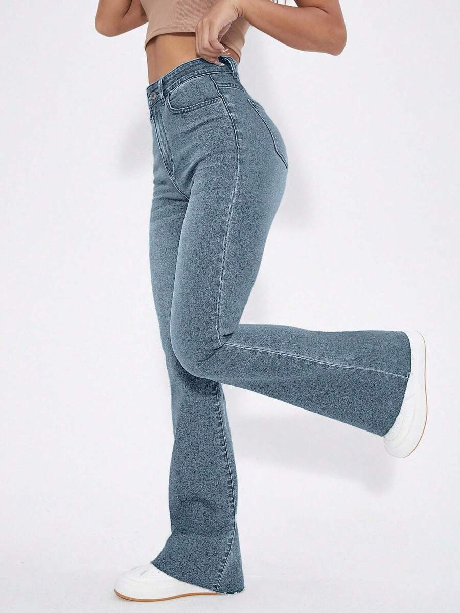 EURMUSE Women's Solid Color Minimalist Daily Wear High Waist Flare Jeans - Light Wash - View 1
