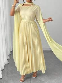 Elenzga Halloween Plus Size Women's New Long Sleeve Fitted Pleated Dress, Romantic & Elegant Fall Cloth For Women - Yellow - View 3