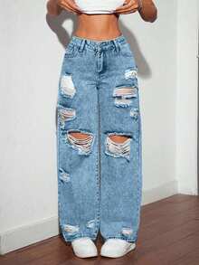 SHEIN Tall Women's Blue Mid-Waist Ripped Fashionable Versatile Straight Loose Fit Jeans - Light Wash - View 7