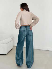 EURMUSE 女式低腰口袋阔腿宽松休闲百搭牛仔裤 - 深色水洗藍 - 查看 2