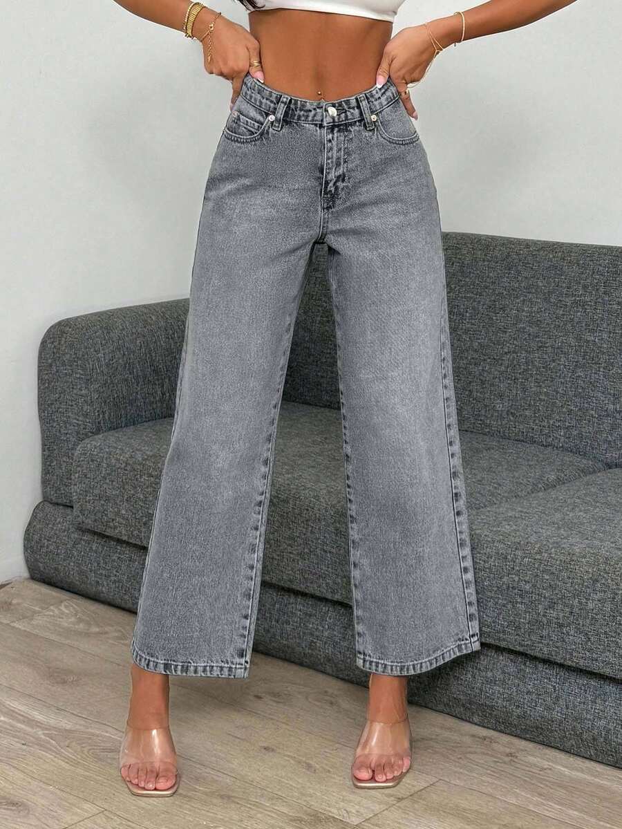 EURMUSE High Waist Light Wash Crop Straight Jean - Grey - View 1