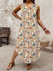 EMERY ROSE Plus Size Women Floral Print Sleeveless Casual Dress With Side Slit Hem - Multicolor - View 4