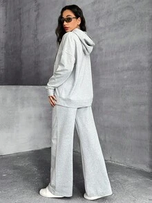 Casual Rhinestone Heart Hoodie & Sweatpants Set - Grey - View 2