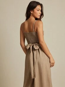 WESTFADE Tonal Striped Woven Surplice V Neck Smocked Back Tie Waist Sleeveless Wide Leg Utility Jumpsuit Fall Clothes For Women, Autumn, Winter, Country Concert Outfit, Boho, Western Wear, Casual, Cute, Nashville Cowgirl - Brown - View 2