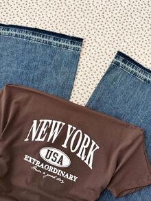 SHEIN Teen Girls' Casual Slant Shoulder Letter Print Cropped Ruched Hem Top, Street Style, Basic, Daily, Versatile, Sporty Fashion, Spring & Summer, Back To School Clothes Cropped T Shirt Brown Clothes For Teen Graphic Tees Teen Cropped T-Shirt New York Shirt Brown Graphic T-Shirt - Brown - View 3