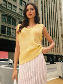 Easelle Retro Embroidered Deep U Neck Vest Tank Top For Women - Yellow - View 8