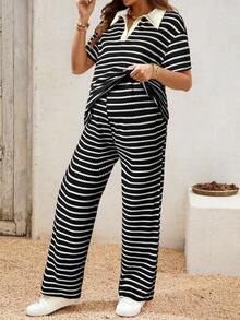Boho Mama 2 piezas Conjunto de top de manga corta y pantalones a rayas casual de maternidad - Blanco y Negro - Ver 5