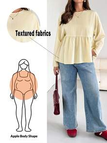 SHEIN Essnce Plus Size Women's Spring And Autumn Fashion Casual Loose Comfortable Daily Texture Fabric Light Yellow Long Sleeve Ruffle Shirt,Curve Cute Tops,Women Blouse,Butter Yellow,Fall Outfits,Back To School - Yellow - View 1