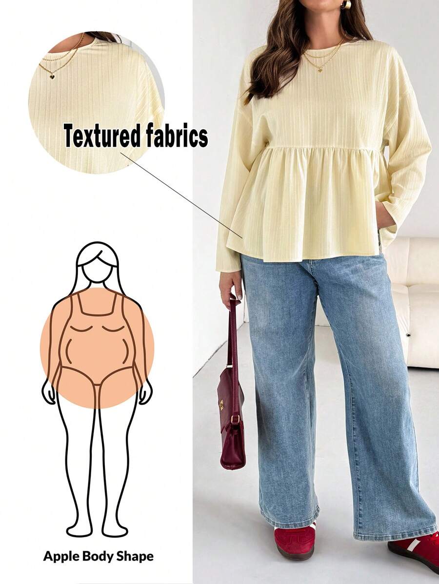SHEIN Essnce Plus Size Women's Spring And Autumn Fashion Casual Loose Comfortable Daily Texture Fabric Light Yellow Long Sleeve Ruffle Shirt,Curve Cute Tops,Women Blouse,Butter Yellow,Fall Outfits,Back To School - Yellow - View 1