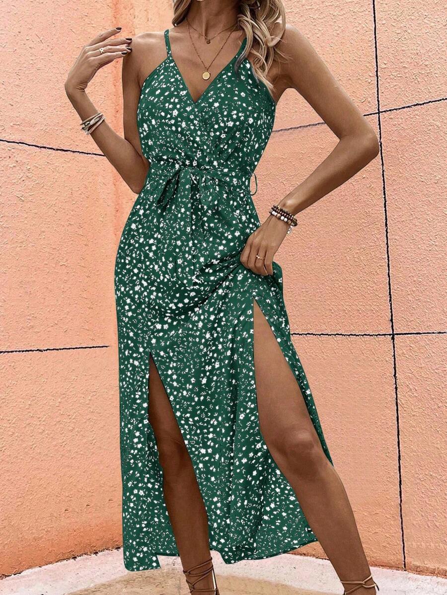 EMERY ROSE Casual Ditsy Floral Print High Slit Cami Dress Maxi Women Outfit