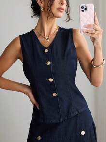 Elenzga 立领纽扣水洗牛仔衬衫 - 深色水洗藍 - 查看 6