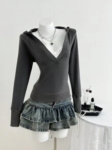 Elamini Áo hoodie chui đầu cổ chữ V sâu thường ngày cho nữ, áo nỉ dài tay tay raglan ôm sát - Xám - Xem 1