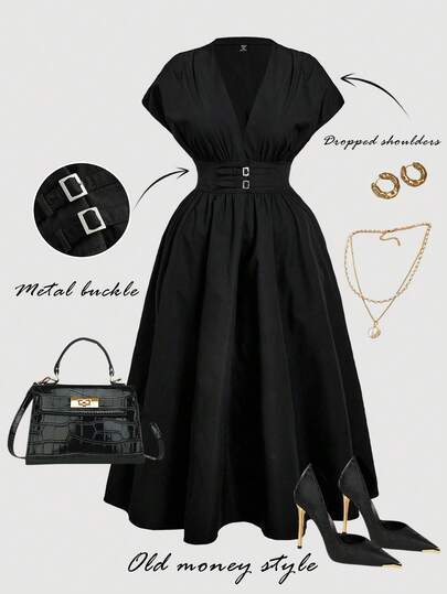 SHEIN MOD Vestido largo con cuello en V y botones en el bajo para mujer talla grande