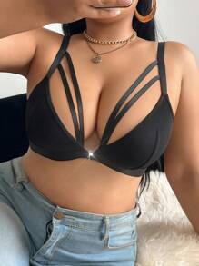 Plus Size Women Front Closure Deep V-Neck Lace Splicing Romantic Lingerie Bra - Black - View 6
