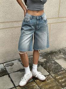 EURMUSE Damen Einfarbige Lässige Jeans Shorts - Helle Waschung - Übersicht 4