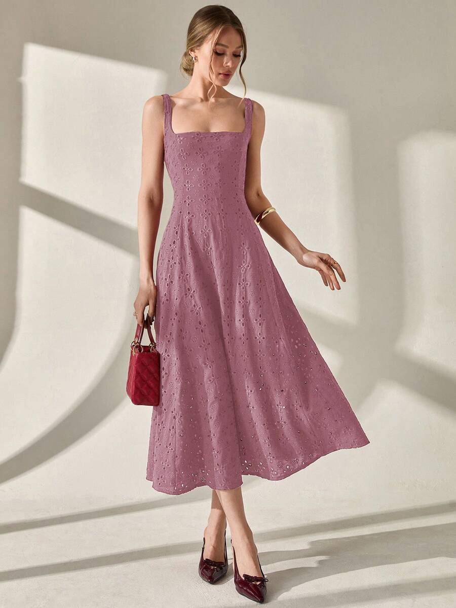 CLARA VERO Elegant Solid Color Hollow Embroidery Sleeveless Dress, Summer - Dusty Pink - View 1