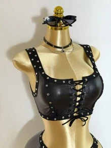 Mistrie 女士新款无袖性感方领吊带背心裙，饰有铆钉刺绣设计，低腰露肩迷你蓬蓬裙，搭配PU皮革套装，朋克风街头服饰，万圣节节日女装套装。 - 黑色 - 查看 9