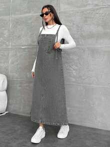 EURMUSE WOMEN LONG DENIM DRESS POCKET DETAILED - Grey - View 4