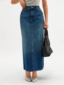 Váy midi denim dáng suông rộng rãi, thoải mái, có túi dành cho nữ, chân váy, váy ngắn - Xanh đậm - Xem 6