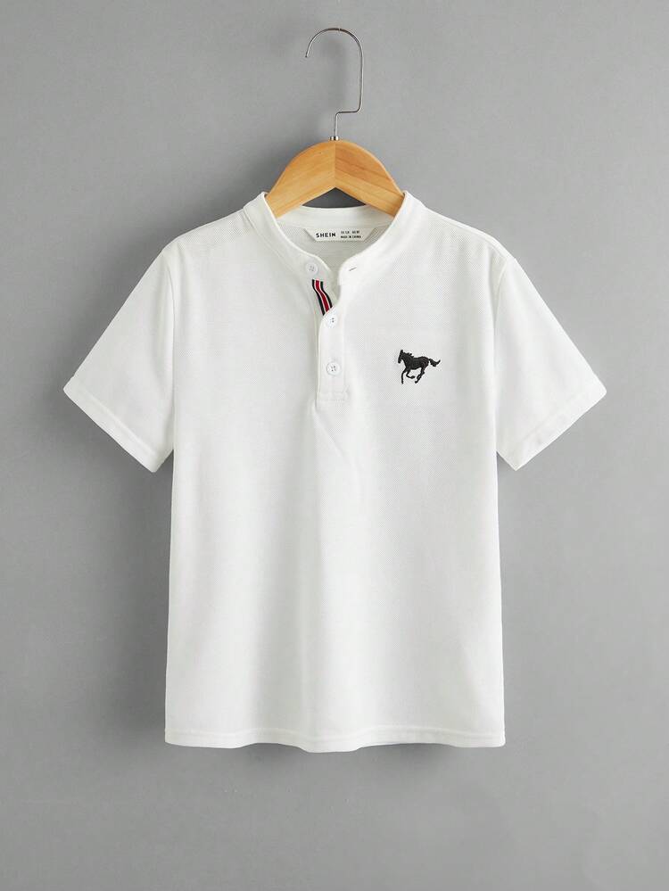 Tween Boy's Summer Collegiate Style Stand Collar Short Sleeve Embroidered Horse Polo Shirt