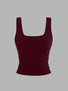 Sweetra Women's Solid Color Square Neck Pleated Fitted Casual Tank Top - Multicolor - View 6