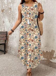 EMERY ROSE Plus Size Women Floral Print Sleeveless Casual Dress With Side Slit Hem - Multicolor - View 5