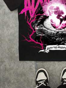 SHEIN Teen Boy Casual Minimalist Letter Eye Print Short Sleeve Round Neck T-Shirt, Suitable For Summer, Social & Leisure