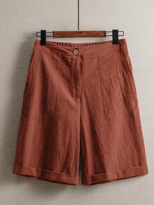 SHEIN JORESS Pantaloncini casual larghi in lino di colore unito con tasche per donna - Colore mogano - Visualizzare 6