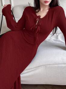 Feyla Women's Elegant Solid Color Texture Dress - Red - View 7