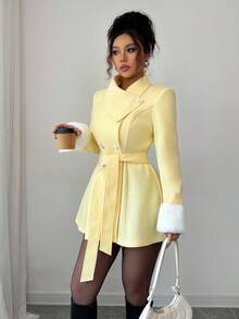 Elenzga Women's Asymmetric Collar Design With Fur Cuff, Cinched Waist Waist Elegant Overcoat For Daily Commute - Yellow - View 3