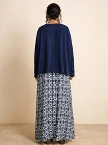 SHEIN LUNE Plus Size Women Holiday Casual Knit Top & Allover Print Skirt 2 Pieces Set Fall/Winter Clothes Chic - Navy Blue - View 6